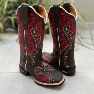 BOTA TEXANA TRIBAL VERMELHO E NOSSA SENHORA COURO MARROM ESCURO
