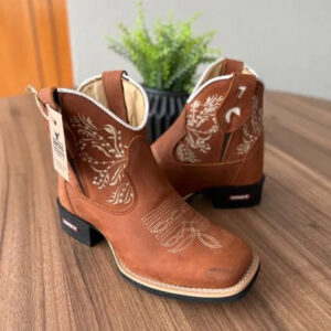 Botina Naiara - Couro Horse Telha/ Bordado Ramos Bege