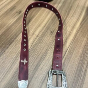 Cinto - Couro Fóssil Vermelho/Bordado Cruz