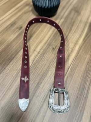 Cinto - Couro Fóssil Vermelho/Bordado Cruz