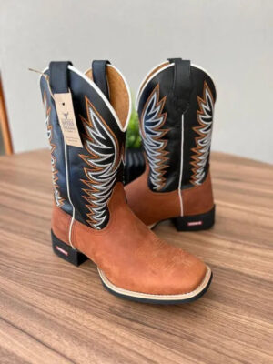 Texana Pietro - Couro Látego Preto e Horse Telha/Bordado Ramos Laranja e Branco