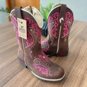 Texana Alice Infantil - Couro Horse Nescau/Bordado Tribal Rosa