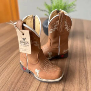 Texana José Felipe Infantil - Couro Fóssil Havana/Bordado Ramos Bege