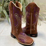 BOTA TEXANA TRIBAL ROXO E BRANCO COURO MARROM