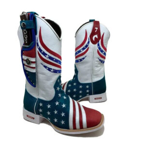 BotaFaca Americana Gold
                                    - Couro Cano Napa Flay Branco | Couro Gaspea Fóssil Bic e Vermelho | Bordado Estrelas Brancas