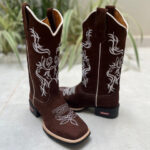 BOTA TEXANA BORDADO FLORES BRANCA COURO NOBUCK MARROM