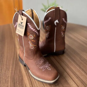 Texana Jade Infantil - Couro Horse Nescau/Bordado Flores Rosa e Bege