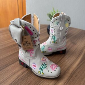 Texana Fabiana Infantil com Kit Canivete - Couro Floatter Branco/Bordado Símbolos