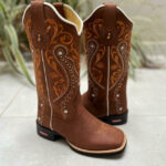 BOTA TEXANA TRIBAL E FLORÃO LARANJA COURO MARROM
