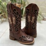 BOTA TEXANA LASER RAMOS GLITTER PRETO COURO MARROM