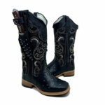 BotaFaca Livia 
                                    - Couro Látego Preto | Glitter Preto Bordado Branco