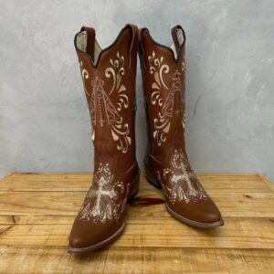 Texana Cruz Bordada Bico Fino | Com Padroeira - Couro Floater Mustang | Bordado Bege e Marrom