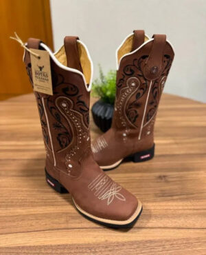 Texana Alice - Couro Horse Nescau/Bordado Meia Tribal Preto