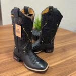 Texana Alice - Couro Látego Preto e Jacaré/Bordado Tribal Preto e Metais Dourados