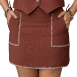 Saia Feminina Turkese Beth Duthon Marrom Curta Pesponto Bolsos E Barra