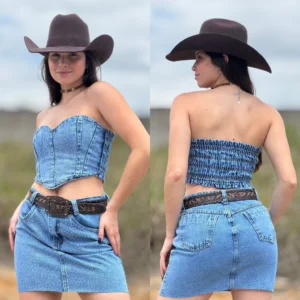 Conjunto Saia e Cropped Jeans Com Brilho