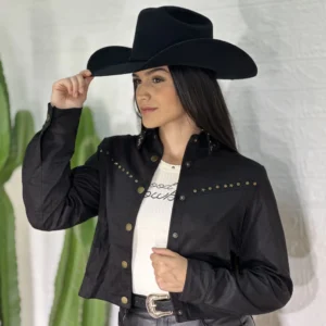 Jaqueta Cropped Unicorn em Suede Preto com Taxas