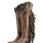 Bota de cano alto com franjas, bico fino, estilo cowgirl, da Brandy - Marrom