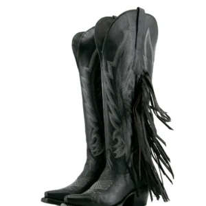 Bota de cano alto com franjas, bico fino, estilo cowgirl, da Brandy - Preta