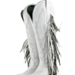 Bota de cano alto com franjas, bico fino, estilo cowgirl, da Brandy - Branca