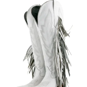 Bota de cano alto com franjas, bico fino, estilo cowgirl, da Brandy - Branca